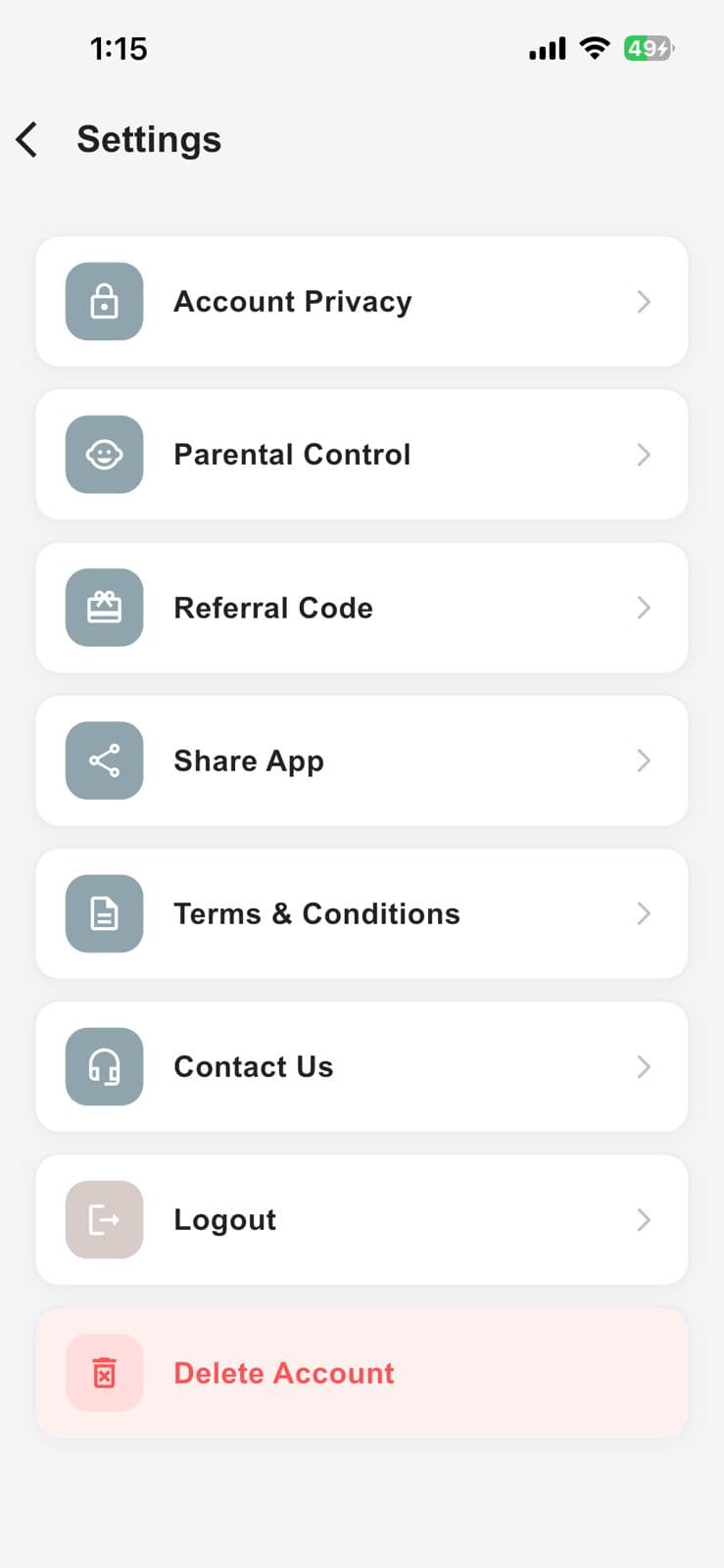 Settings screen